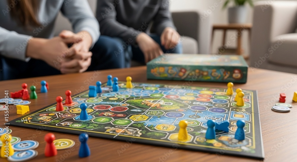 Family game night: Enjoying a board game together at home on a cozy day Family game night: Enjoying a board game together at home on a cozy day