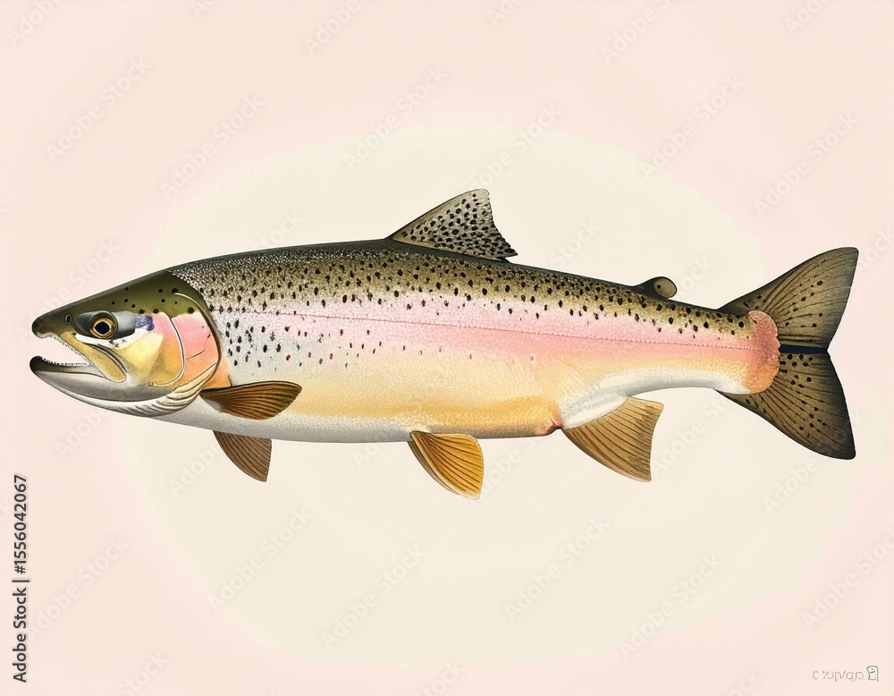 Naklejka premium Detailed illustration of a Rainbow Trout showcasing its vibrant colors and markings against a pale pink background