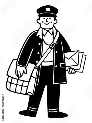 Happy Postman Delivering Mail Black and White Illustration