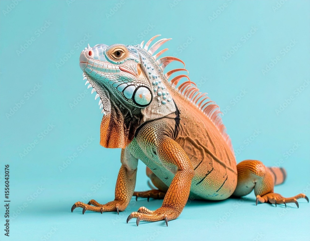 Obraz premium Green and Orange Iguana on a Light Blue Background reptile lizard green iguana