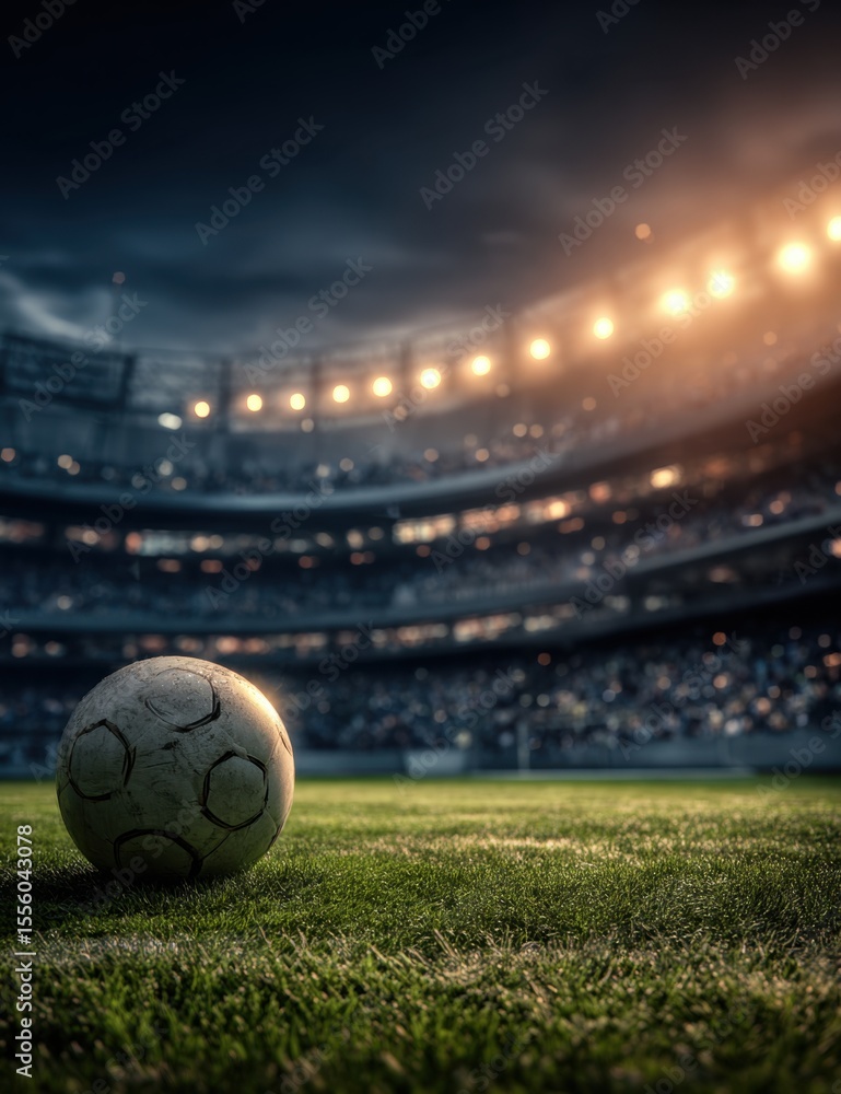 Obraz premium Lone Soccer Ball on a Lush Green Field Under Stadium Lights