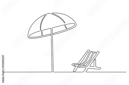 Continuous one line drawing of Beach chair lounger with umbrella. Single line drawing illustration of Beach umbrella and chair. Summer vacation by the sea concept vector art. Doodle line illustration.