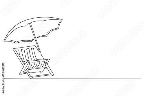 Continuous one line drawing of Beach chair lounger with umbrella. Single line drawing illustration of Beach umbrella and chair. Summer vacation by the sea concept vector art. Doodle line illustration.
