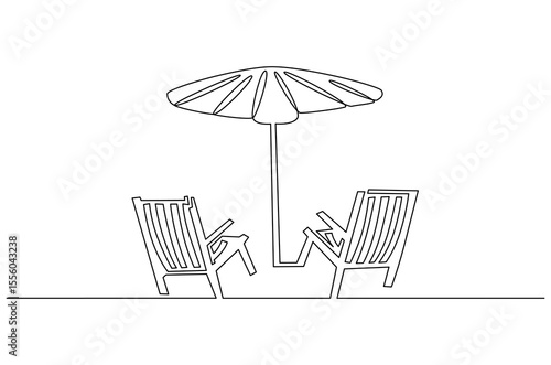 Continuous one line drawing of Beach chair lounger with umbrella. Single line drawing illustration of Beach umbrella and chair. Summer vacation by the sea concept vector art. Doodle line illustration.