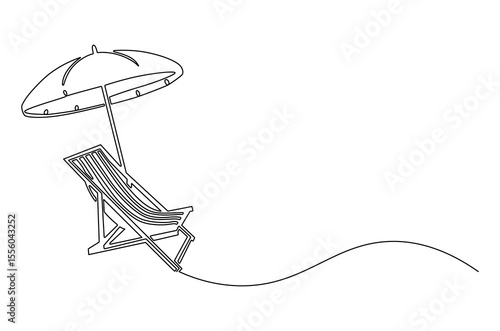 Continuous one line drawing of Beach chair lounger with umbrella. Single line drawing illustration of Beach umbrella and chair. Summer vacation by the sea concept vector art. Doodle line illustration.