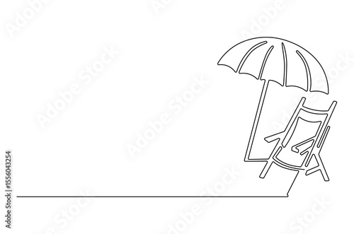 Continuous one line drawing of Beach chair lounger with umbrella. Single line drawing illustration of Beach umbrella and chair. Summer vacation by the sea concept vector art. Doodle line illustration.