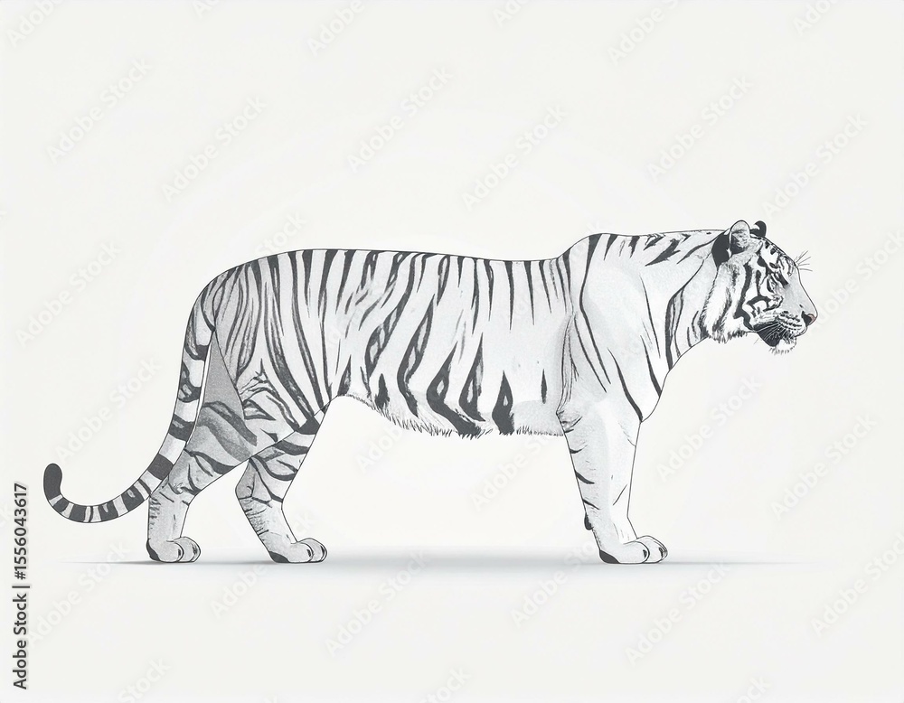 Obraz premium Profile of a White Tiger Side View Illustration Striped Coat Detail bengal tiger