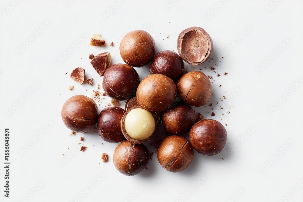 Obraz premium A cluster of whole and cracked macadamia nuts, showcasing their creamy interiors against a stark white backdrop. A few shell fragments are scattered nearby