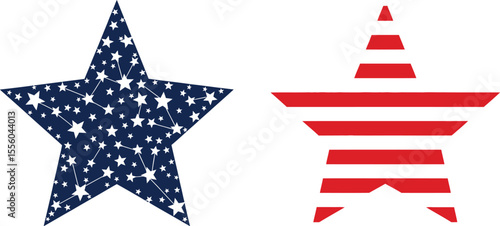 Two patriotic stars one with a constellation pattern and the other with red stripes on a white background