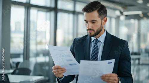 A businessman who reads paperwork with focus. A serious man verifying information on documents