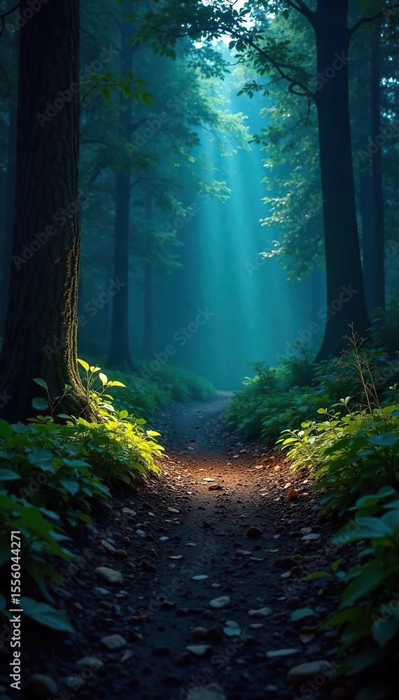 Fototapeta premium A powerful flashlight beam cuts through the darkness, illuminating a mysterious, shadowy forest path The light reveals textures of leaves, bark, and the damp earth , darkness, earth