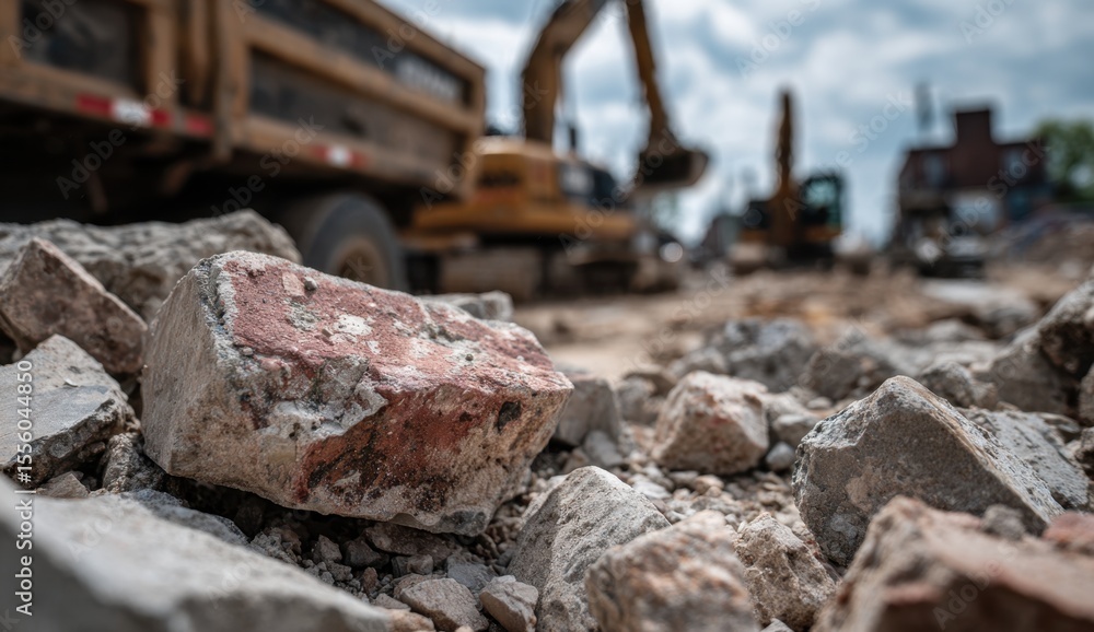 Fototapeta premium Crumbling Concrete and Heavy Machinery Dominate a Demolition Site, Capturing the Raw Power of Urban Renewal.
