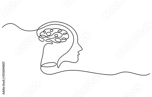 Continuous one line drawing of human brain. Hand drawn minimalism style, Brain line art vector illustration, psychology, idea and intelligence concept. Editable stroke.