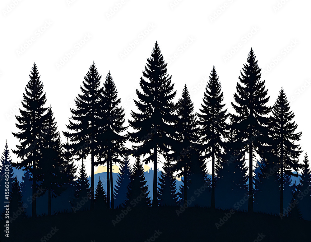 Fototapeta premium Silhouetted Dark Pine Trees Against Twilight Sky, isolated on transparent background PNG