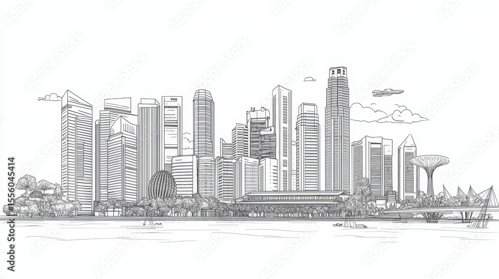 Fototapeta premium A line art vector illustration of Singapore city, showcasing all its famous buildings and landmarks.