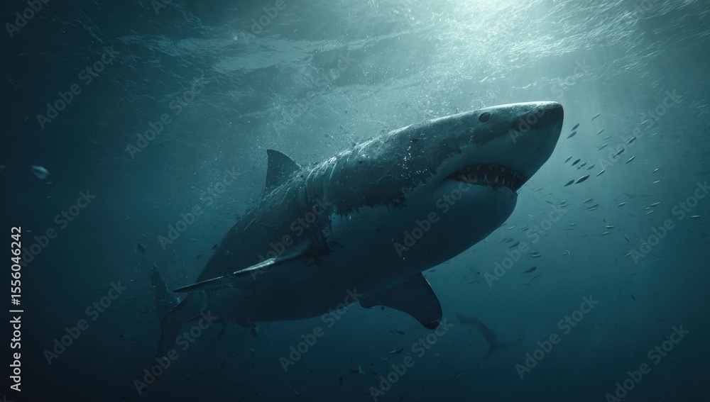Naklejka premium Majestic Great White Shark Ascends from the Deep, a Shadowy Silhouette in the Ocean's Embrace.