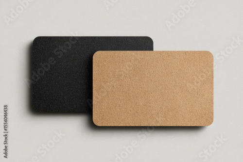 Two rectangular cards, one black, one kraft brown, with rounded corners, lie slightly overlapping on a light gray background