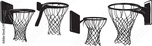 Set of a basketball hoop with a net vector silhouette.
