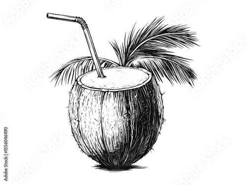 Retro tropical coconut drink engraving, vintage summer beverage line art, old engraving style, hand-drawn seasonal icon, trendy black sketch decor, classic beach cocktail graphic