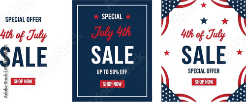 Three square banners featuring july fourth sale with stars and stripes patriotic designs