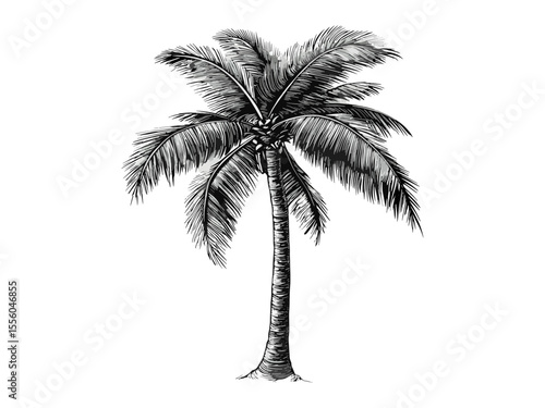 Tropical summer palm tree engraving, vintage coconut sketch, black line hand-drawn icon, old engraving style, seasonal vacation decor, trendy island artwork, exotic beach landscape design