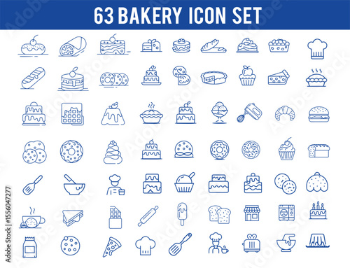 Bakery icon set. bakery, bread, sandwich, pretzel, loaf, toast, croissant, icon, muffin, food, wheat, isolated, pizza, apple, pie, burger, cookie and more