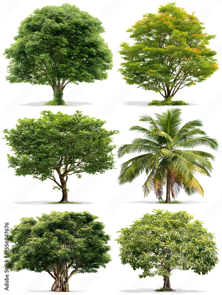 Fototapeta premium Variety of six different trees showcasing different shapes and leaf patterns isolated against white background.