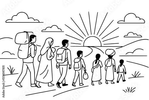 Refugee Family Walking Toward Sunrise Vector Illustration