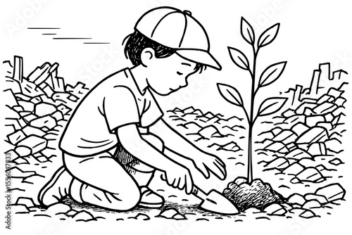 Child Planting Tree in War Ruins Vector Illustration