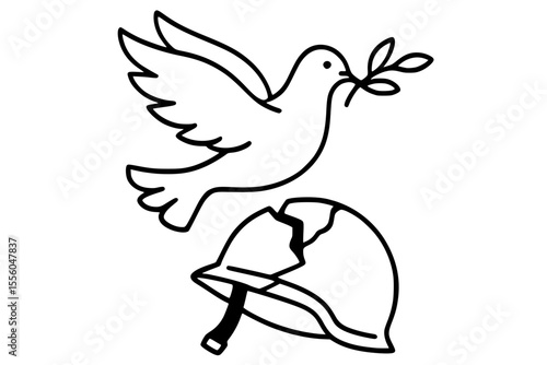 Dove Carrying Olive Branch Over Broken Helmet Vector