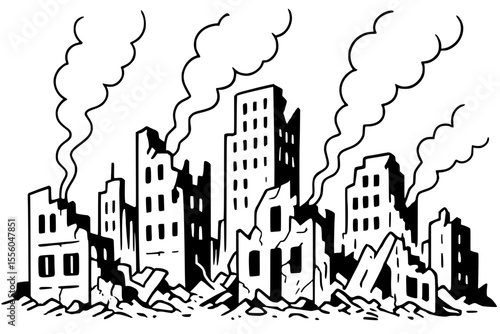 Ruined City Skyline Vector Illustration