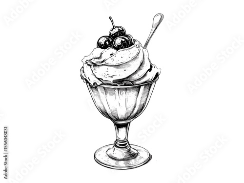 Vintage summer ice cream sundae engraving, seasonal dessert sketch, hand-drawn sunny day treat, retro vacation decor, black ink drawing, nostalgic food illustration, summer vibes