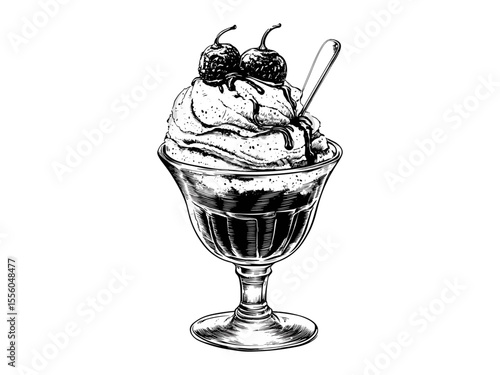 Hand-drawn summer dessert engraving, vintage ice cream sundae sketch, retro vacation treat, black line art, old-style seasonal decor, trendy sunny day illustration, classic food art