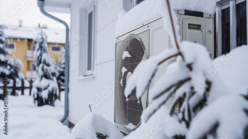 outdoor heatpump covered in snow