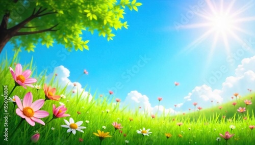 A vibrant summer scene featuring bright sunshine, lush green grass, and a clear blue sky, perfect for celebrating the start of the season , vibrant, garden, freedom