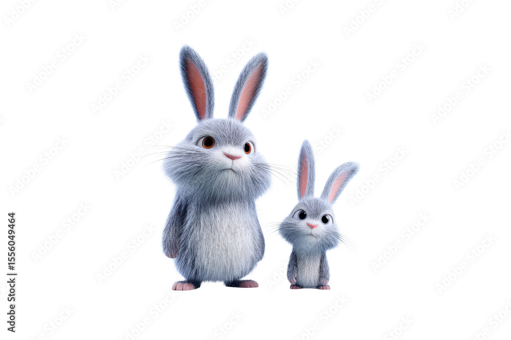 Fototapeta premium Two Gray Cartoon Rabbits With Pink Ears Stand On A Transparent Background One Is Larger Next To A Smaller One