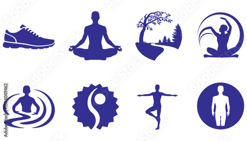 A set of vector yoga icons illustrating people in various fitness poses, symbolizing health and sport