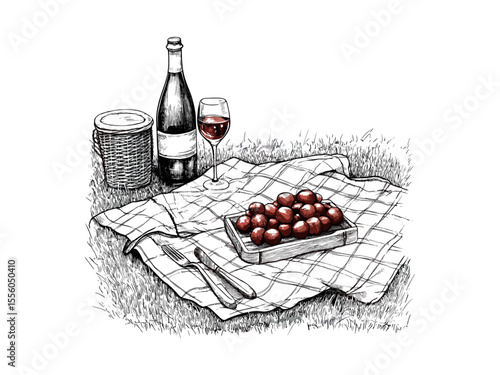 Vintage summer picnic blanket, outdoor seasonal decor, retro sketch, hand-drawn vacation elements, black engraving style, trendy rustic illustration, natural lifestyle art