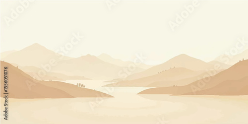 Dusty Beige Landscape Illustration with Natural Hills and Valley Shapes

