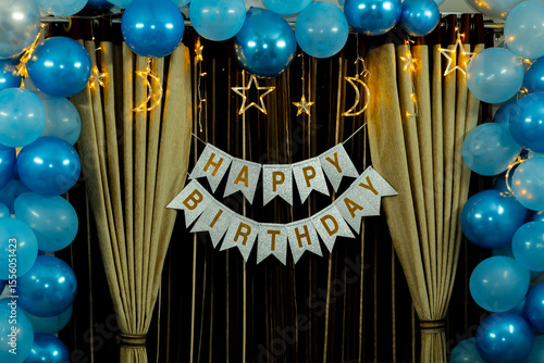 Elegant Blue and Gold Birthday Party Decorations: Balloons, Banner, and Fairy Lights