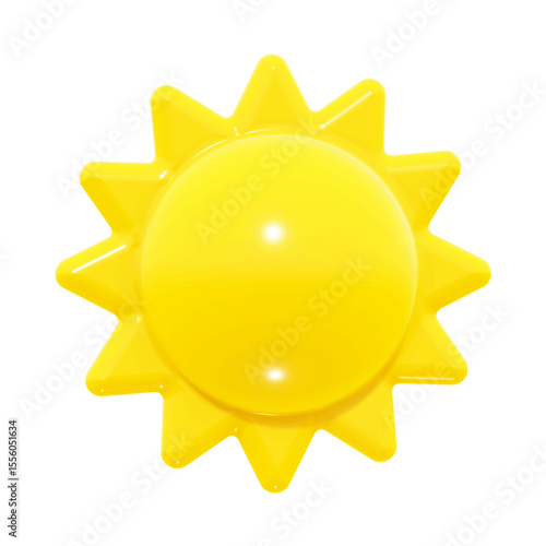 Realistic glossy 3D vector sun. Bright weather icon with shiny surface and bold yellow color. Perfect for weather forecasts, mobile apps, summer promotions, isolated on white.