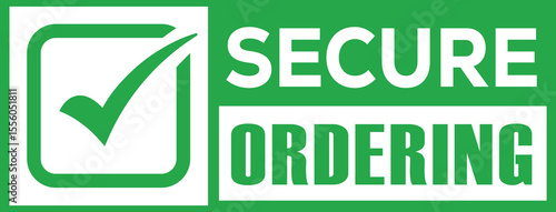 Bold green checkmark and white "SECURE ORDER" text in a bright green square. Clean, modern graphic symbolizing safety, approval, and confidence. Flat design, strong contrast.