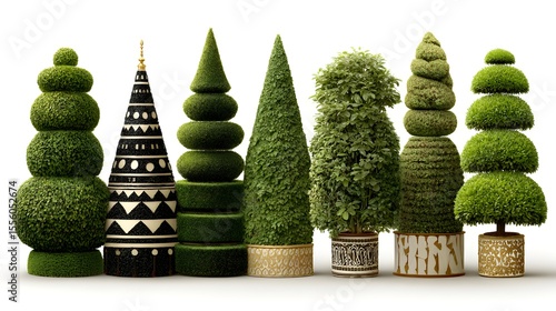 Billede på lærred Seven topiary plants with various shapes and sizes are displayed against a bright white studio backdrop