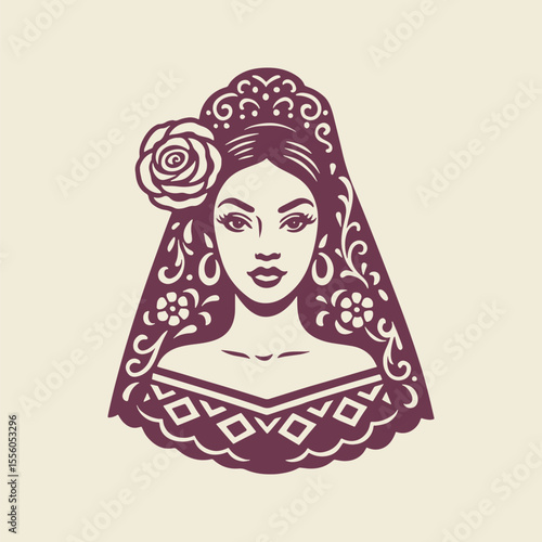 Beautiful young spanish woman in traditional clothing. Retro vector illustration suitable as a logo, for textile printing or advertising of all kinds.