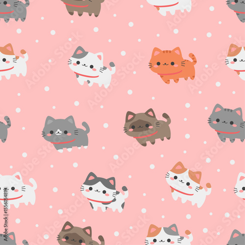 Cute cat cartoon on pink seamless pattern kids background, Adorable cat pattern wallpaper