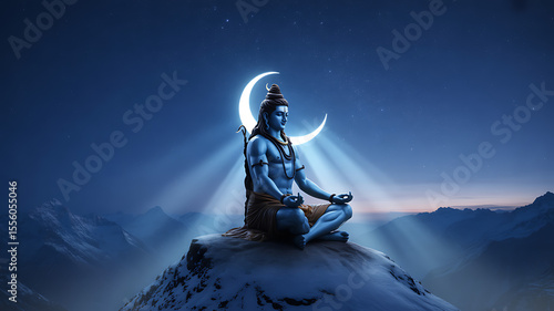 Blue deity meditating under crescent moon lord shiva