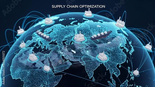 Global network connecting factories and ships on a glowing earth for supply chain optimization