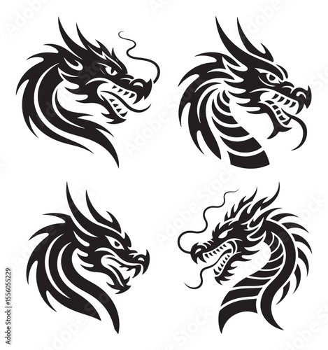 Wallpaper Mural Set of four fierce tribal dragon head designs in black ink, ideal for tattoo art, logos, mythical illustrations, and cultural symbolism Torontodigital.ca