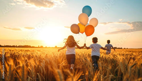 Children run with balloons in a wheat field during sunset, enjoying the warmth and freedom of a golden summer evening.