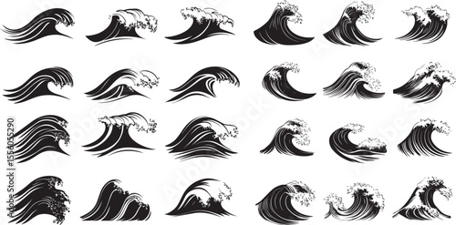 Waves Design Shapes Collection Isolated on White Background. Marine Aqua Water Ripple and Wave Silhouette.